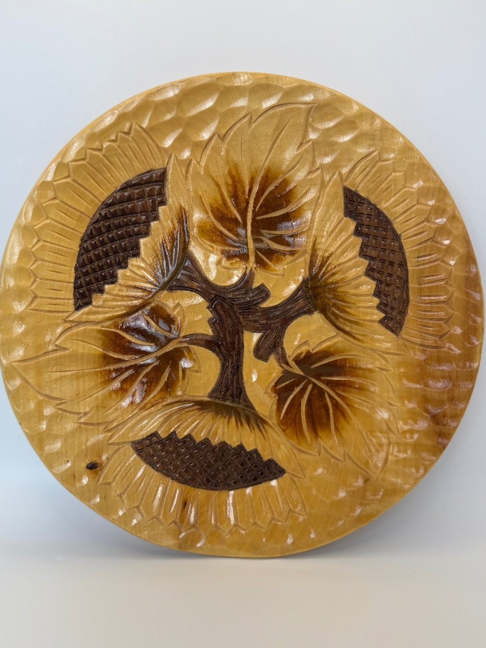 Vintage USSR Ukrainian Carved Wood Plate ~9.5" Romashka Lviv Soviet Folk Art